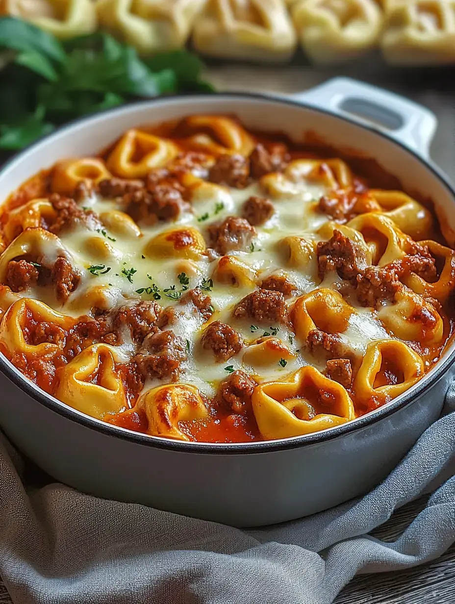 A creamy, melted cheese and sausage pasta dish is served in a white pot with a side of fresh parsley and additional pasta in the background.