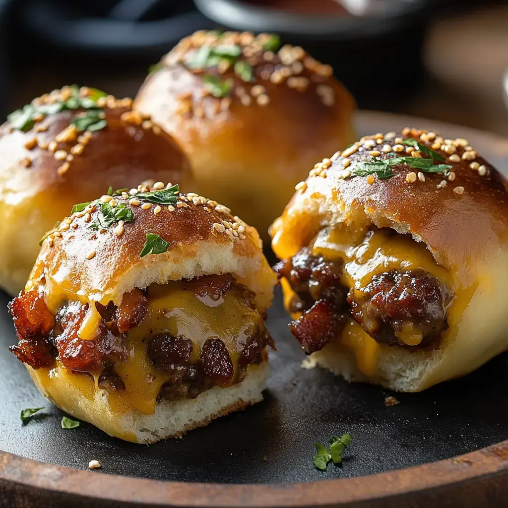 A close-up of golden, fluffy burger buns filled with melted cheese, crispy bacon, and garnished with parsley and sesame seeds.