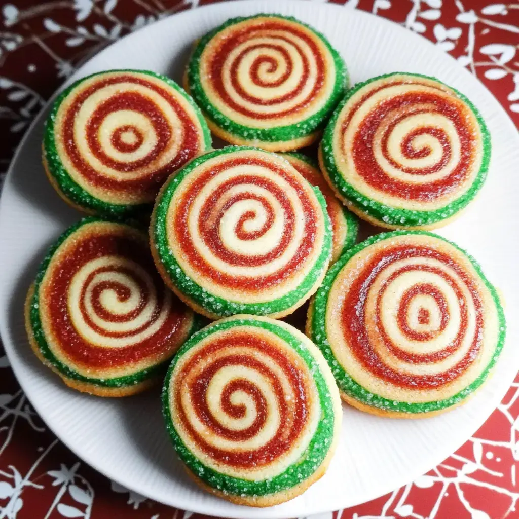 A plate of colorful spiral cookies with red, green, and white patterns arranged neatly on a white dish.