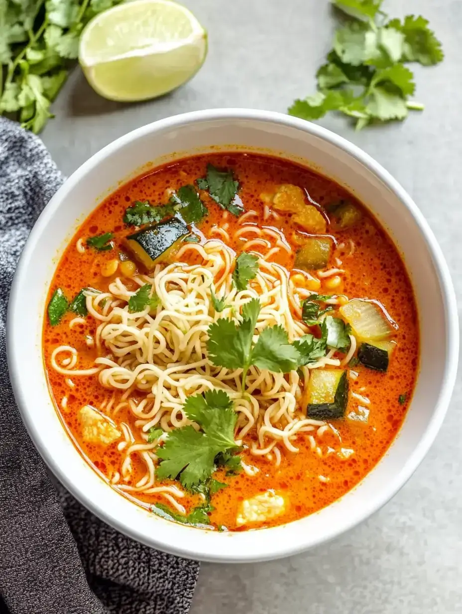 A bowl of spicy soup with noodles, zucchini, and fresh cilantro, accompanied by a lime wedge and garnished with herbs.