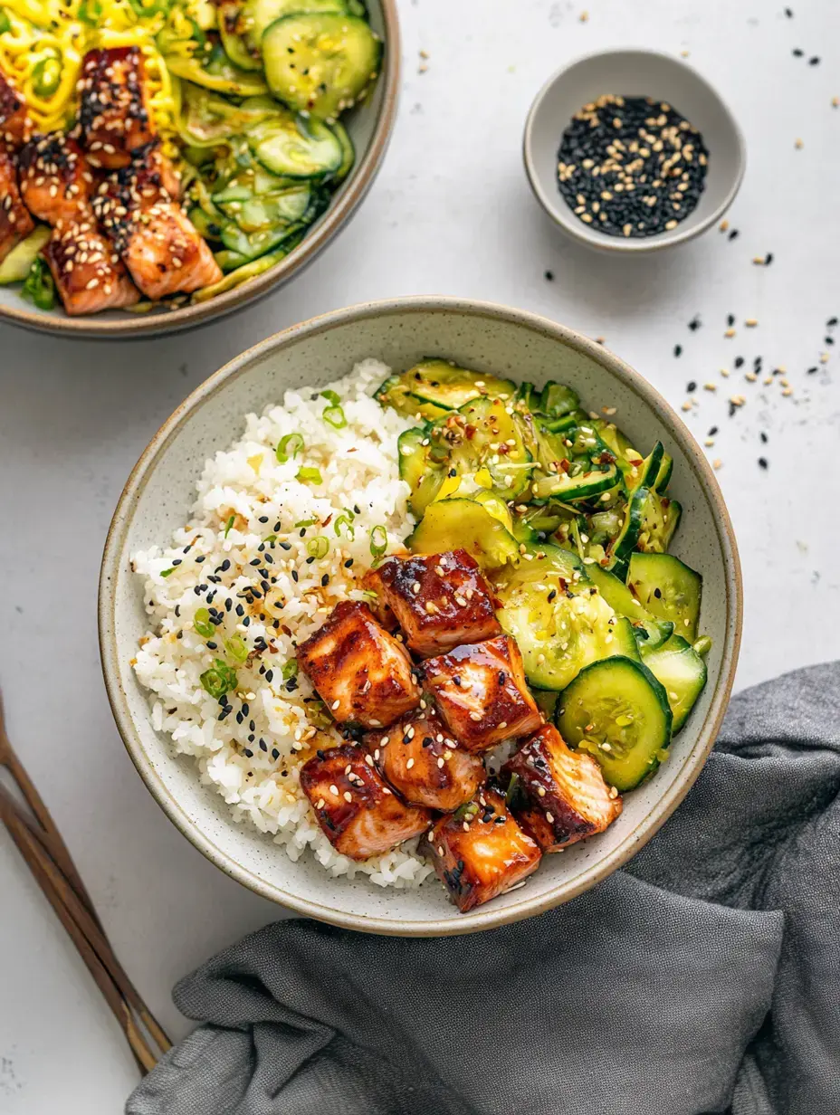 A bowl of rice topped with grilled salmon, cucumber salad, and garnished with sesame seeds and green onions, alongside another bowl of similar dish elements in the background.