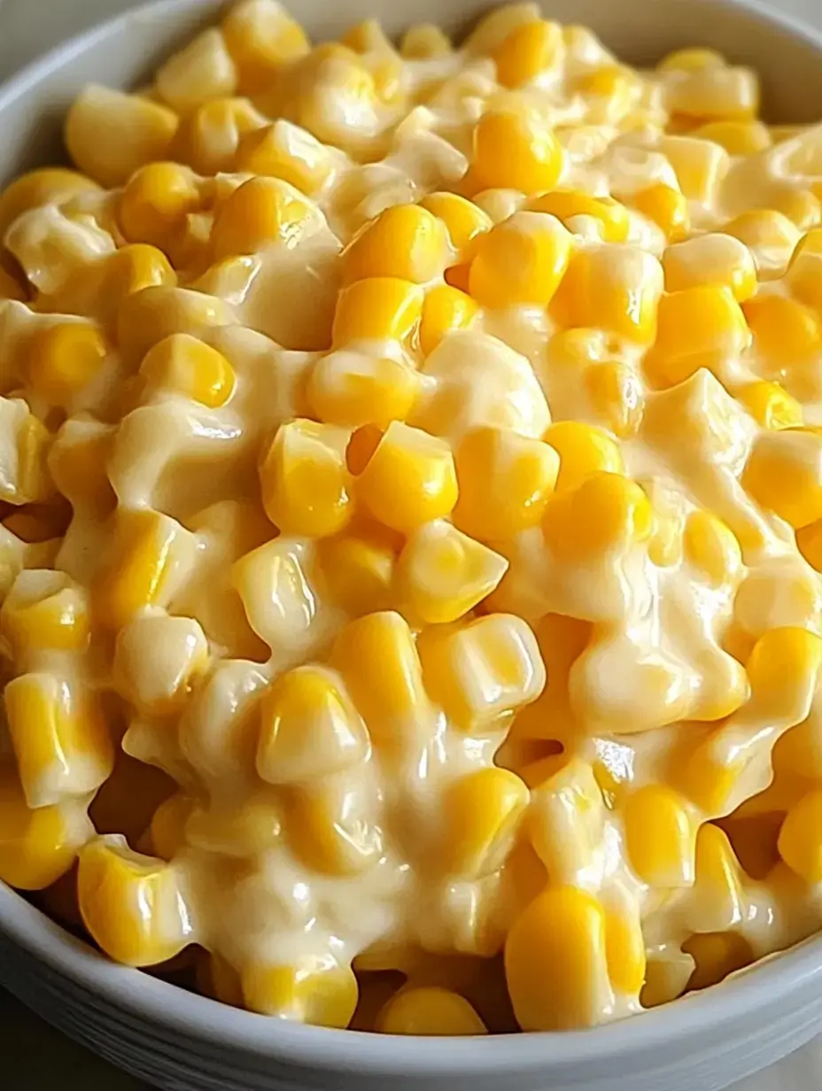 A bowl filled with creamy corn, featuring bright yellow kernels enveloped in a thick sauce.