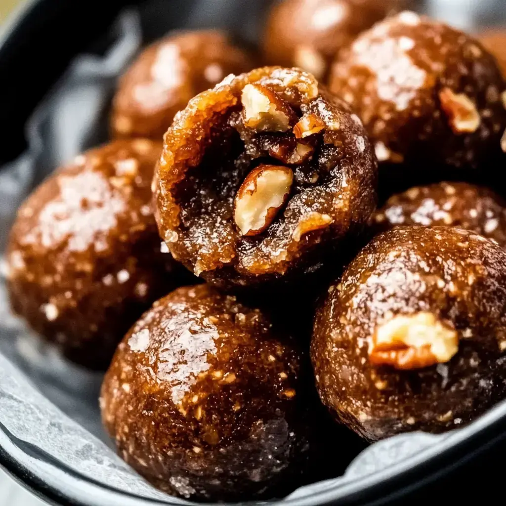 A close-up of chocolate energy balls, some whole and one cut in half, revealing a nutty filling.