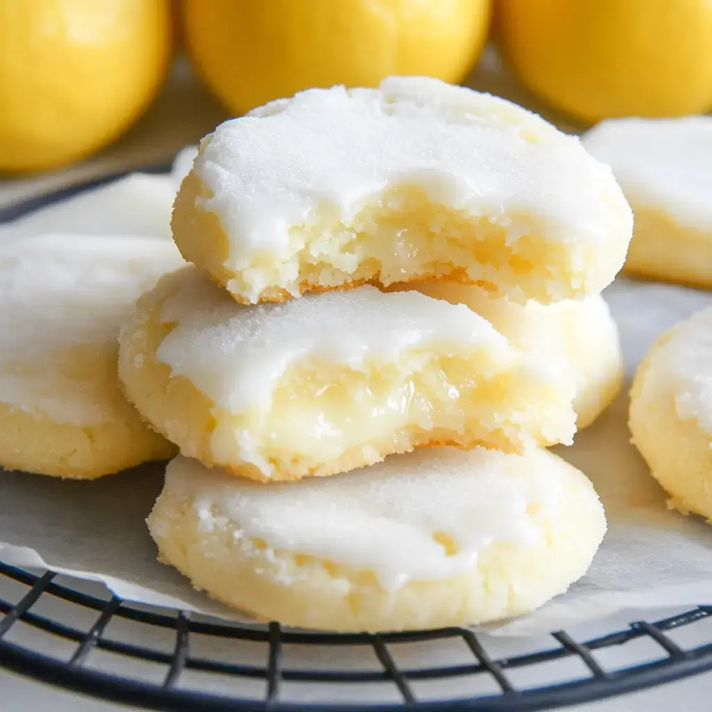 A stack of lemon-flavored cookies with a bite taken out of the top one, topped with a sugar glaze, set against a blurred background of lemons.