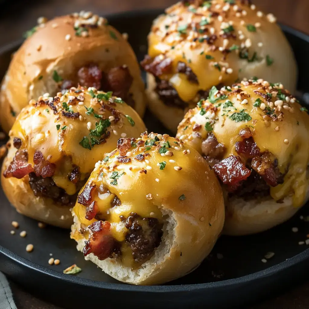 A plate of savory cheeseburger slider buns topped with crispy bacon, melted cheese, and sesame seeds, with one bun partially eaten.