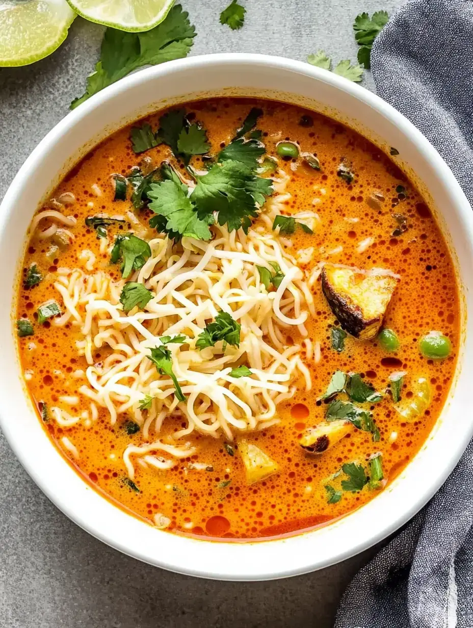 A bowl of creamy soup with noodles, topped with fresh cilantro and scattered vegetables, accompanied by lime wedges.