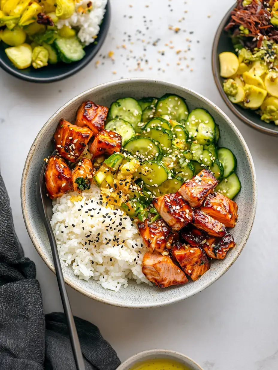 A bowl filled with rice, glazed salmon pieces, and sliced cucumbers, garnished with sesame seeds, next to a plate of vegetables.