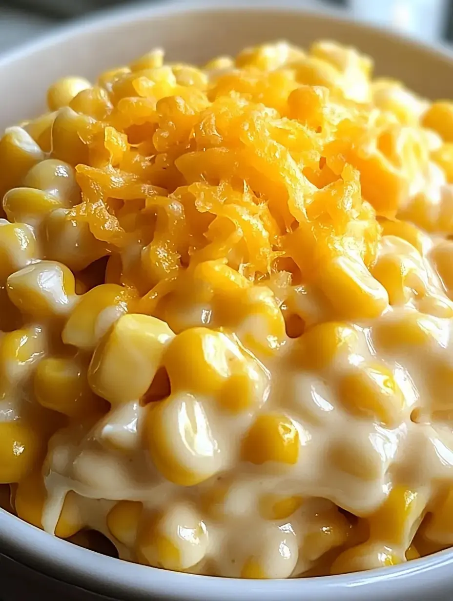 A close-up of a bowl filled with creamy corn topped with shredded cheddar cheese.