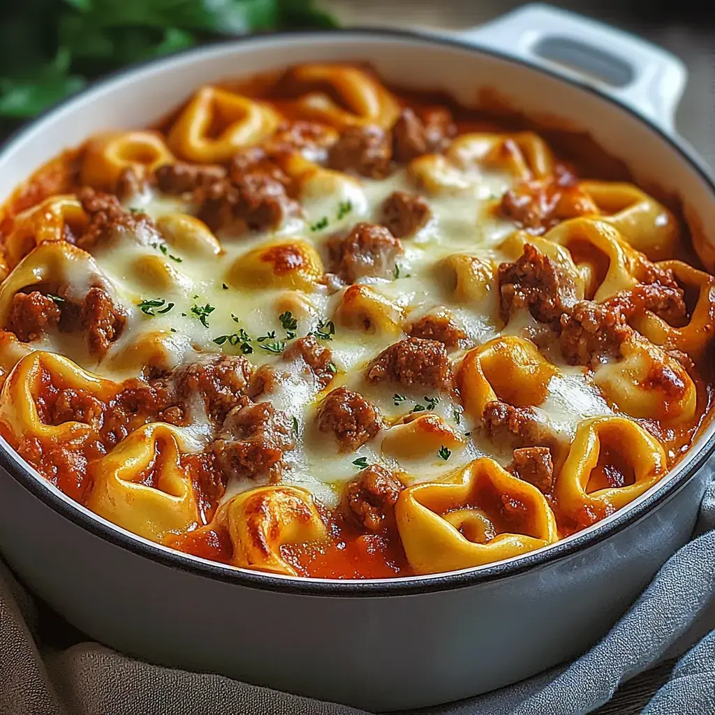 A baked dish of cheesy tortellini with ground meat in a rich tomato sauce, garnished with parsley.