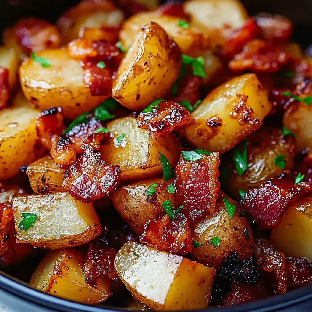 A close-up of golden-brown diced potatoes mixed with crispy bacon and garnished with fresh parsley.