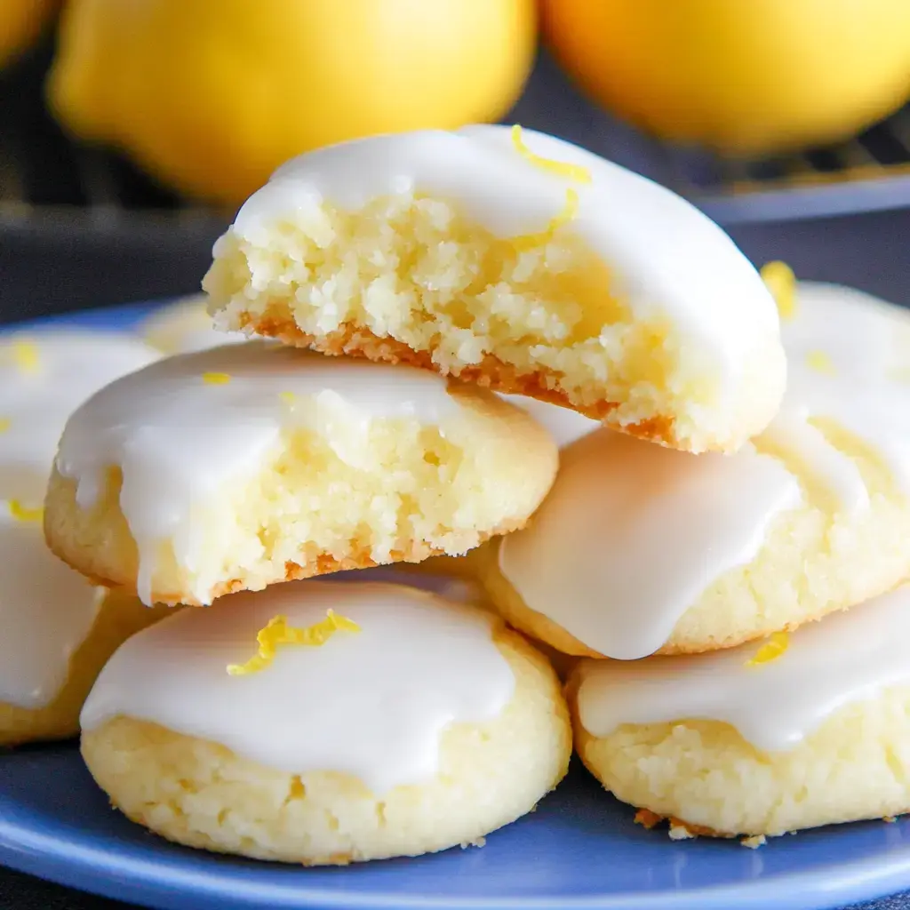 A stack of glazed lemon cookies, with one cookie showing a bite taken out, rests on a blue plate with whole lemons in the background.