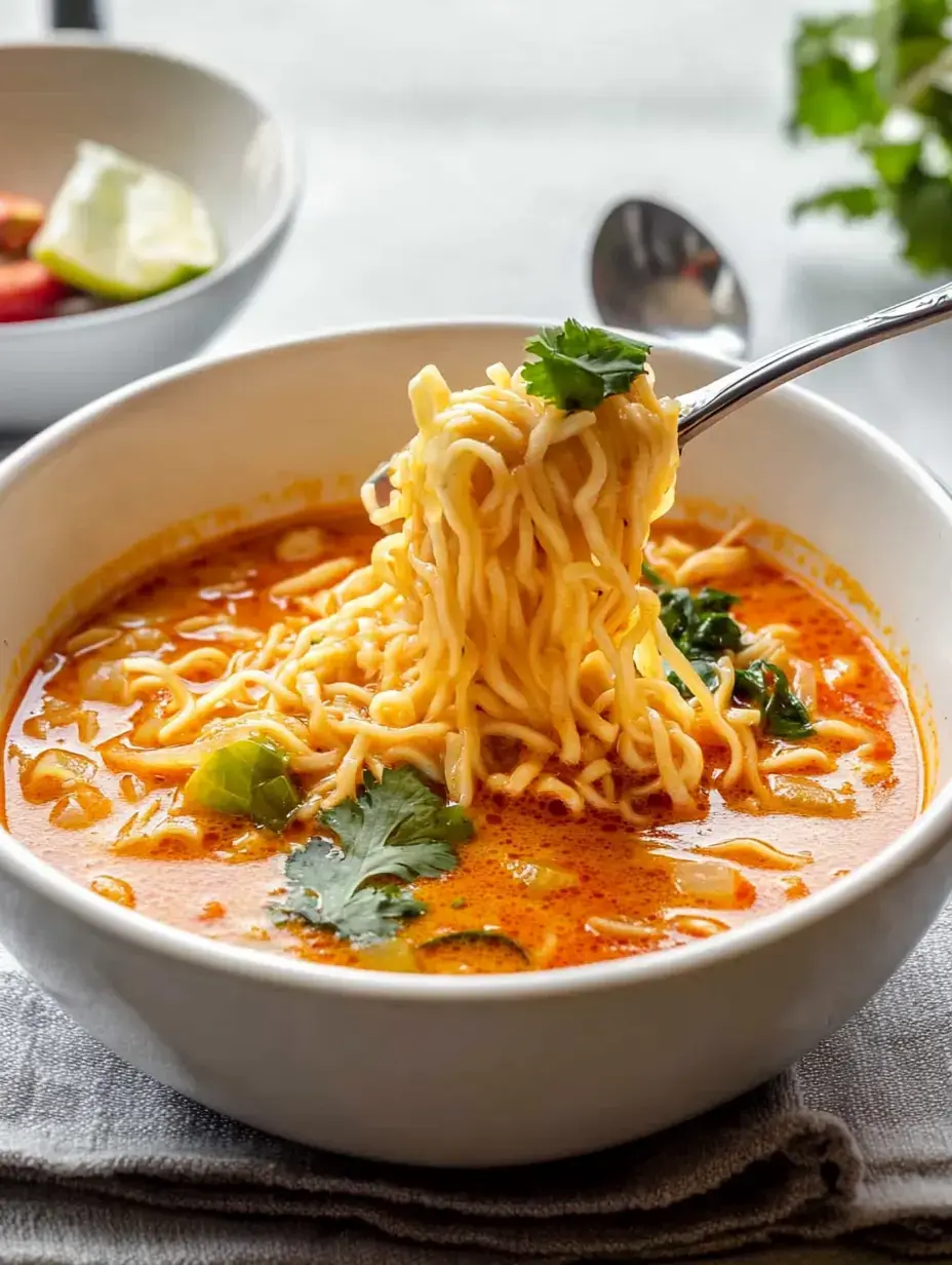 A bowl of spicy noodle soup with cilantro and vegetables, with strands of noodles being lifted by a spoon.