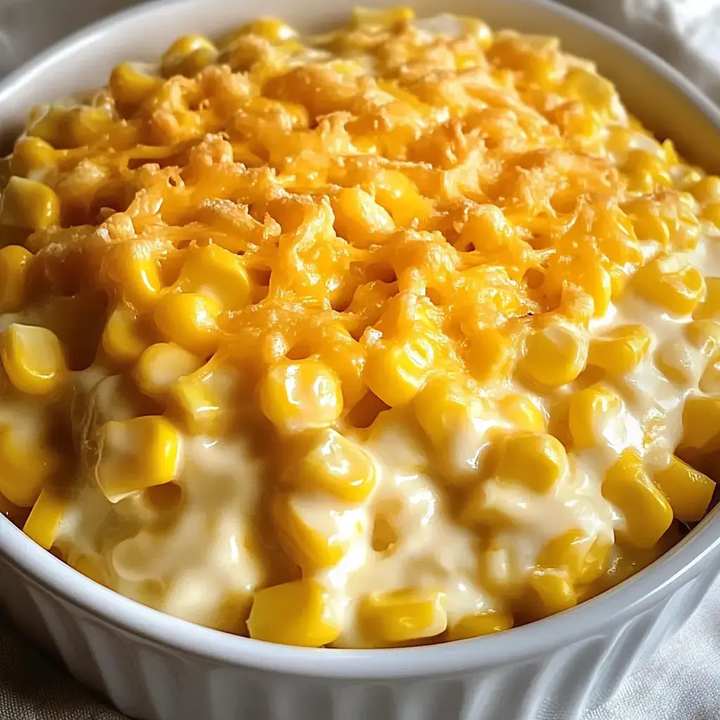 A close-up of a creamy corn dish topped with melted cheese in a white bowl.