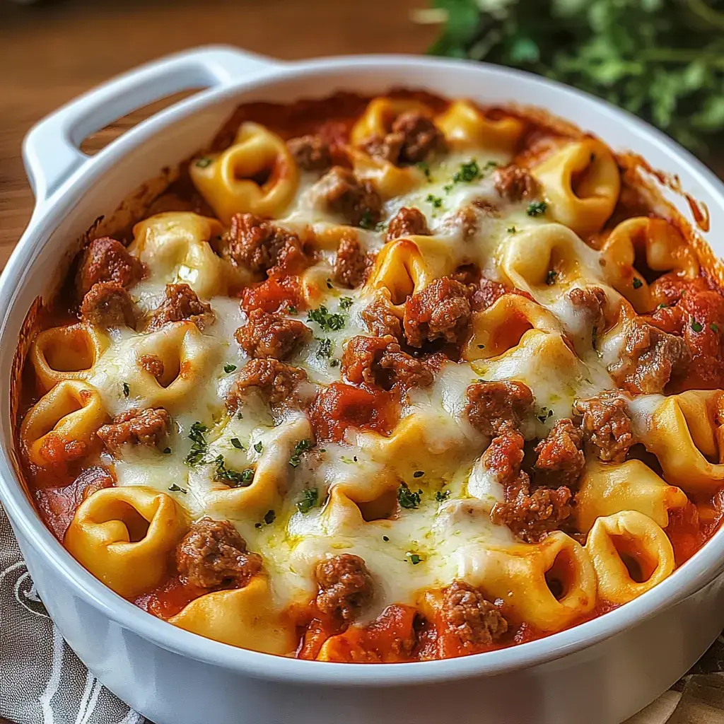 A creamy pasta dish with shell-shaped noodles, ground meat, and melted cheese, baked in a white casserole dish.