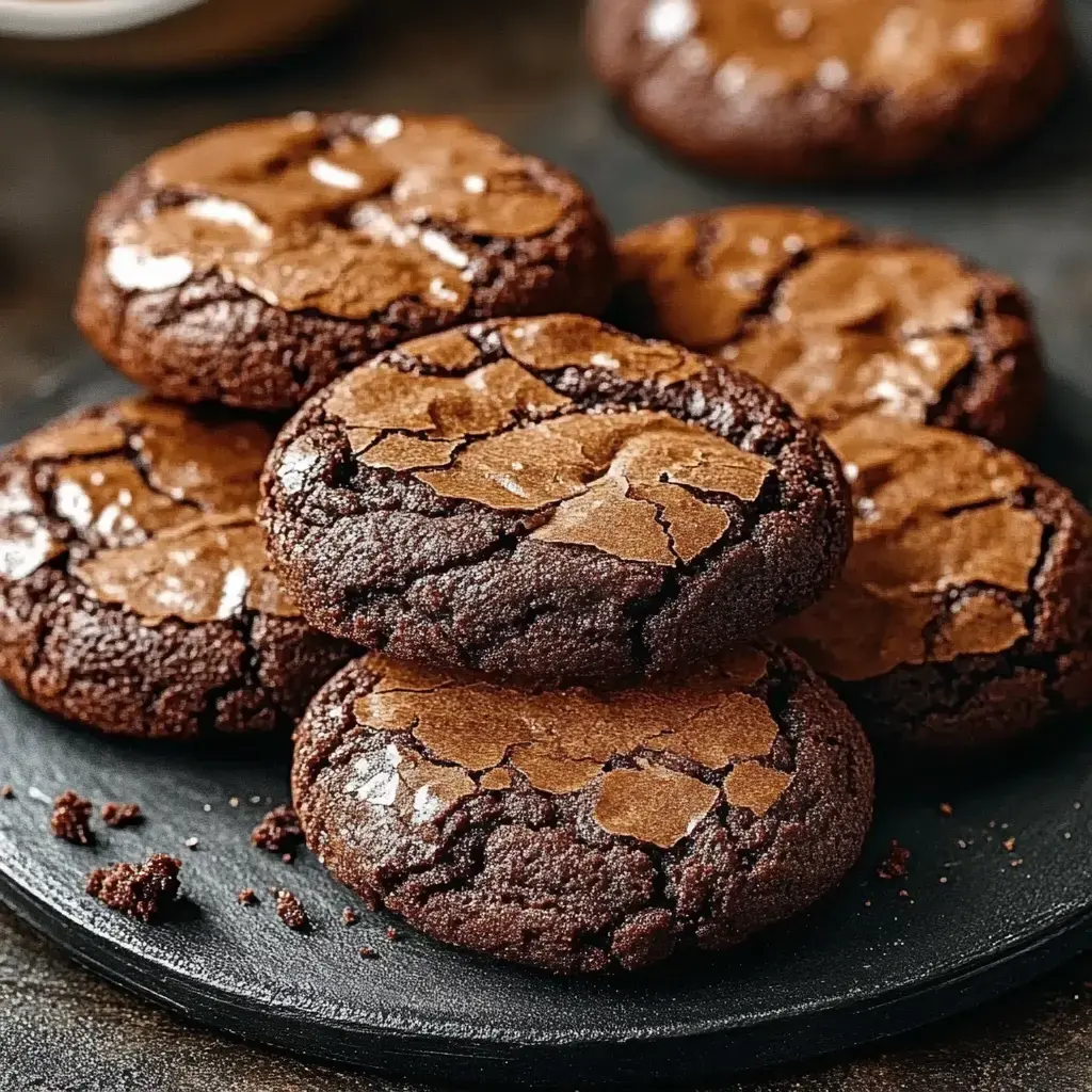 A stack of cracked, rich chocolate cookies arranged on a black plate.