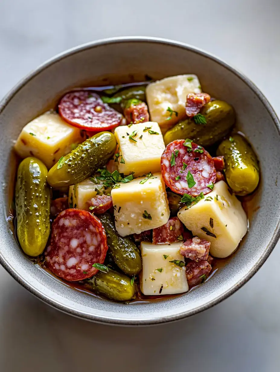 A bowl of mixed snacks featuring cubes of cheese, slices of salami, pickles, and diced meat, garnished with fresh herbs.