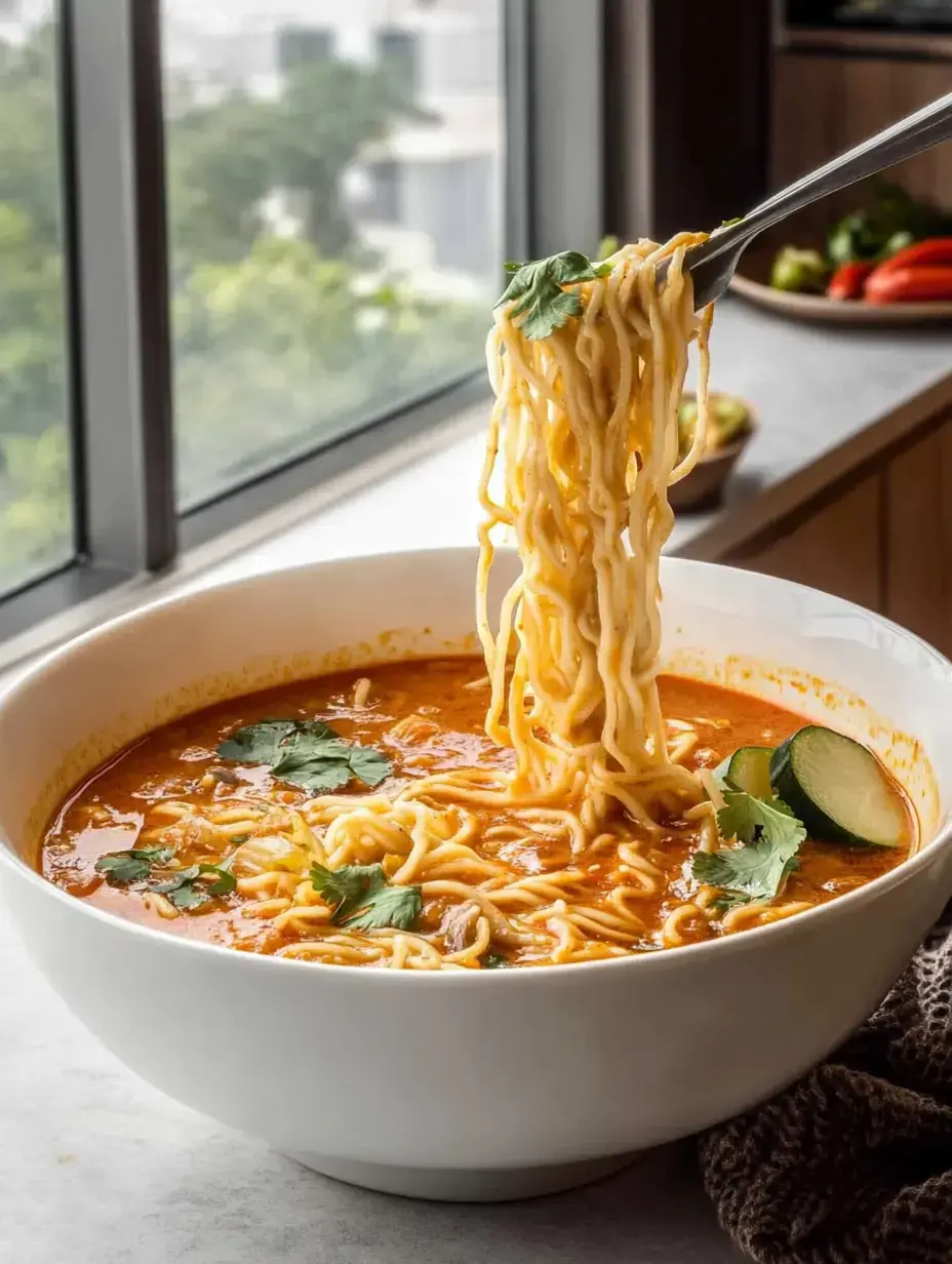 A bowl of steaming noodles in a rich, flavorful broth is being lifted with chopsticks, garnished with fresh cilantro and surrounded by a cozy kitchen setting.