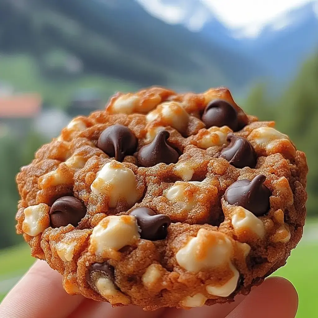 A person holds a cookie with chocolate and white chocolate chips, against a blurred mountainous landscape in the background.