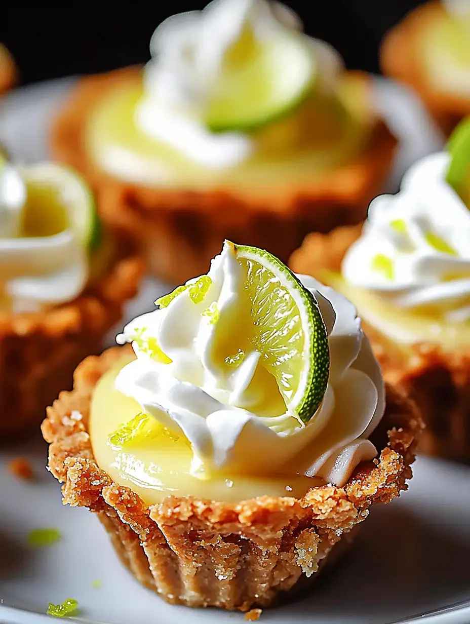 A close-up of mini lime tart desserts topped with whipped cream and lime slices, on a white plate.