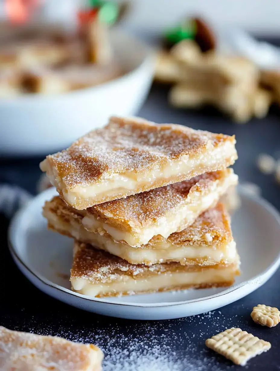 A stack of layered dessert bars dusted with powdered sugar sits on a small plate, with a blurred bowl of dessert and scattered treats in the background.