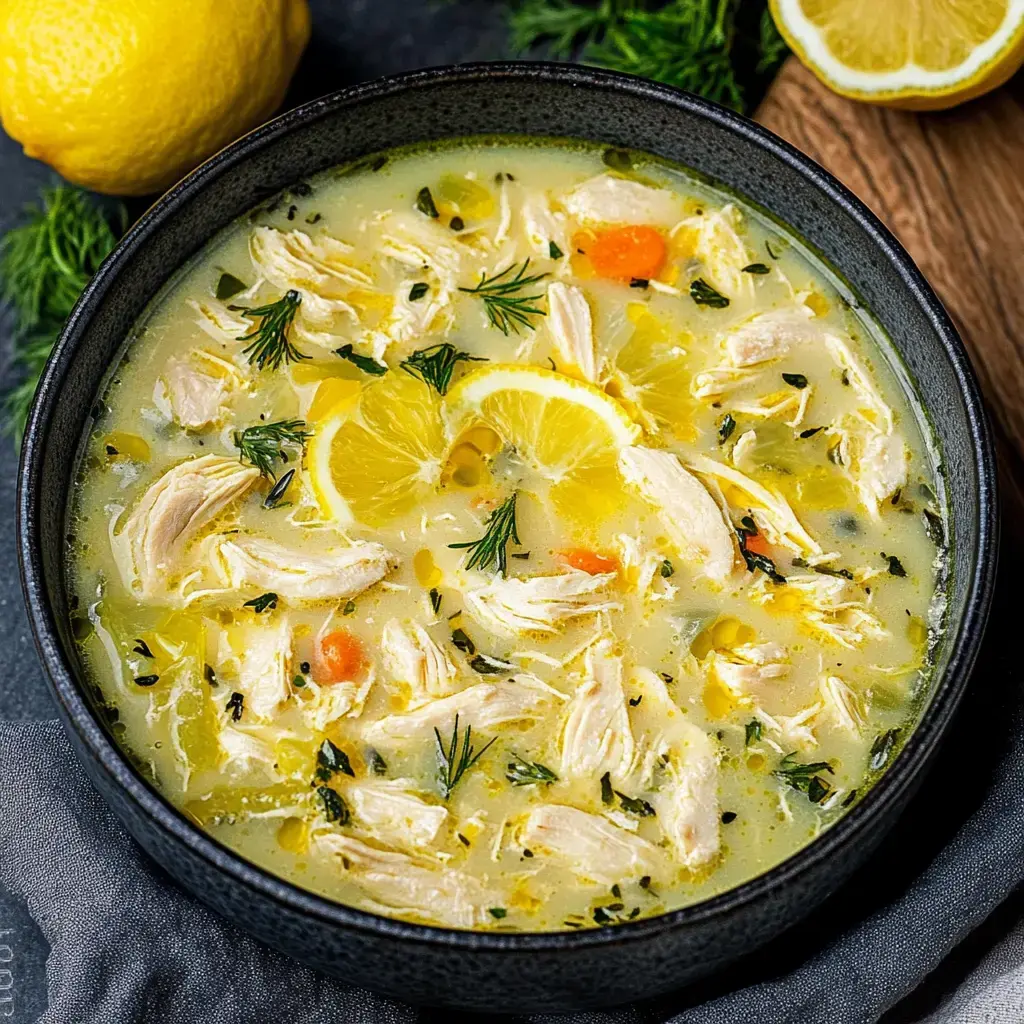 A bowl of lemon chicken soup garnished with fresh dill and slices of lemon, surrounded by fresh lemons and herbs.