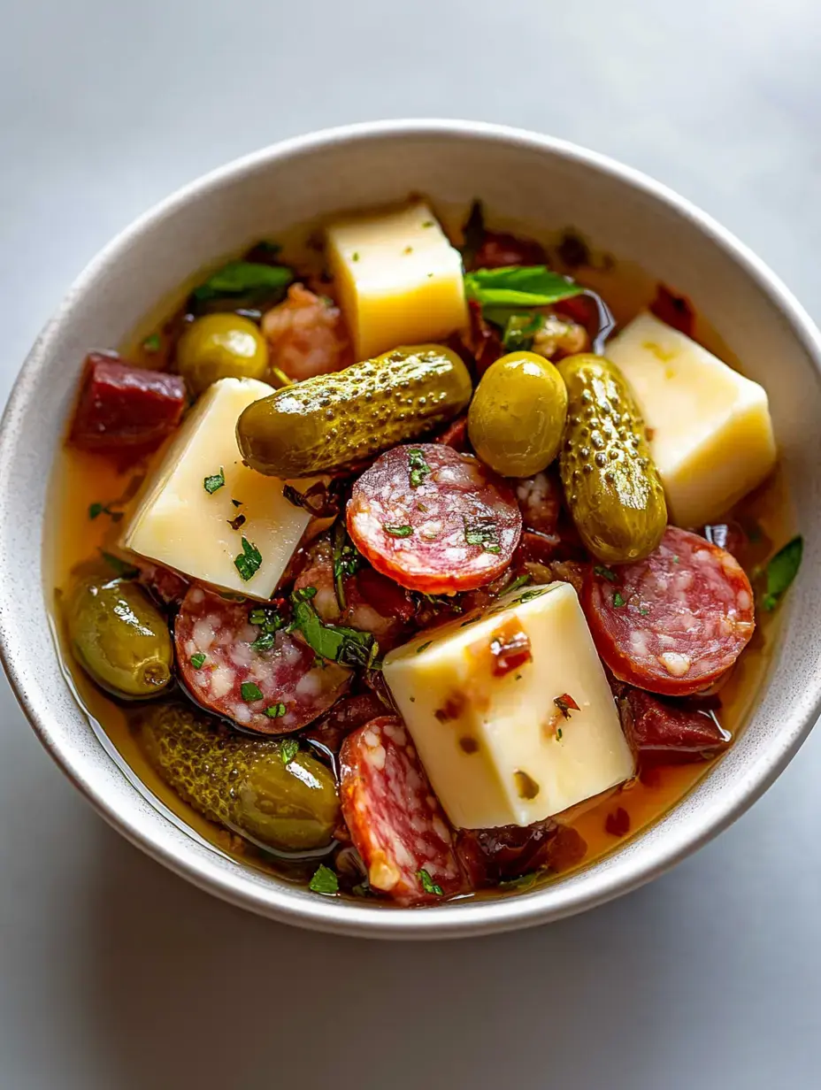 A bowl filled with salami slices, pickles, green olives, and cubes of cheese in a flavorful marinade.