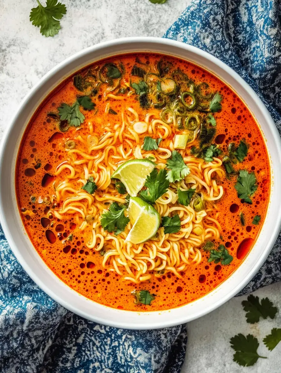 A bowl of spicy ramen noodles garnished with lime wedges and fresh cilantro.