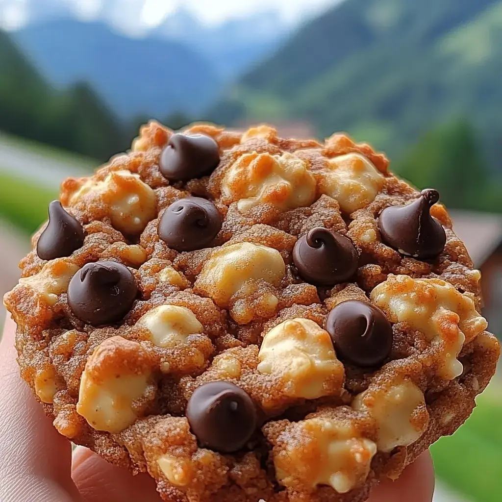 A close-up of a cookie topped with chocolate chips and light-colored bits, held in front of a scenic, green mountainous background.