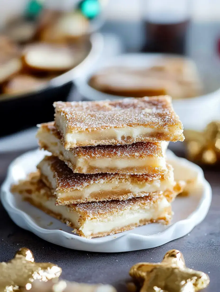 A stack of four layered desserts dusted with sugar sits on a white plate, surrounded by gold star decorations.