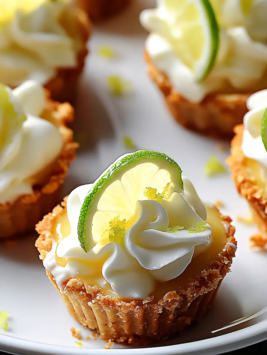 A close-up of small lime tart desserts topped with whipped cream and a slice of lime on a white plate.