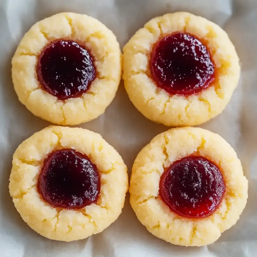 Four round cookies with a smooth jam center are arranged on a piece of parchment paper.