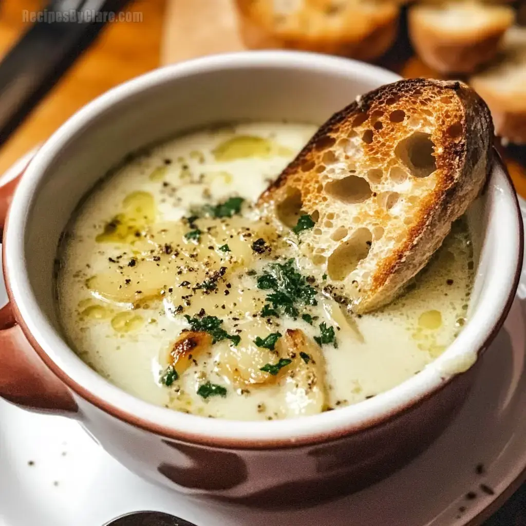 A bowl of creamy soup garnished with herbs and a slice of toasted bread.