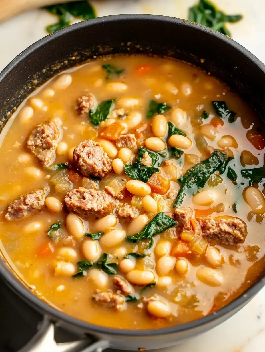 A close-up of a pot filled with a hearty bean and meat soup featuring spinach and diced vegetables.