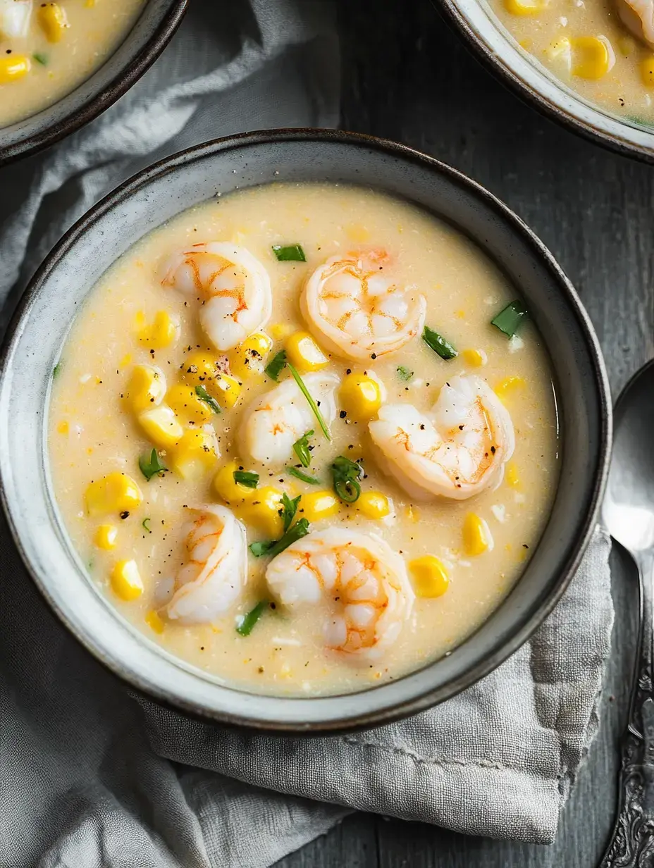 A bowl of creamy shrimp and corn soup garnished with green herbs.