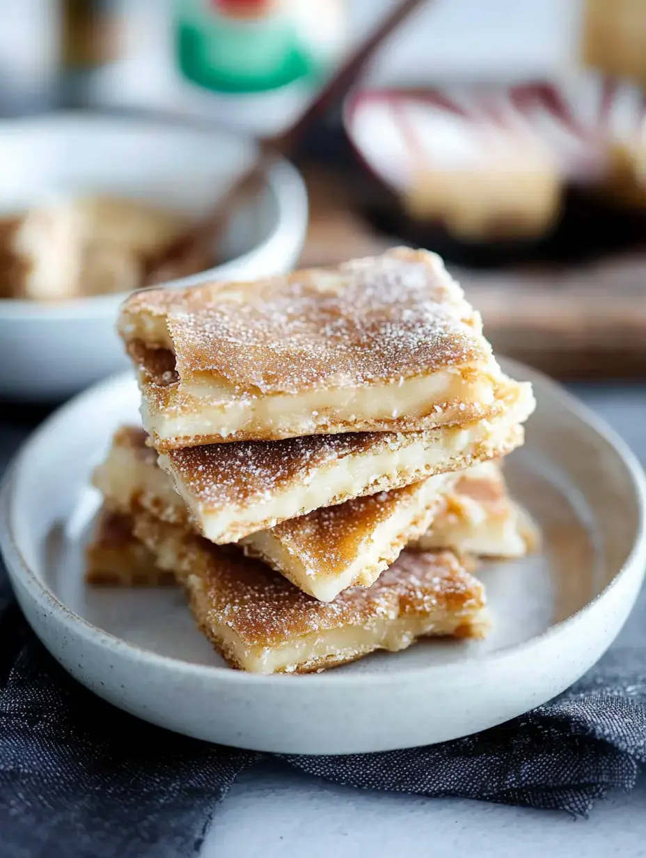 A stack of golden, chewy dessert squares dusted with sugar on a light gray plate, with a blurred bowl of spread in the background.