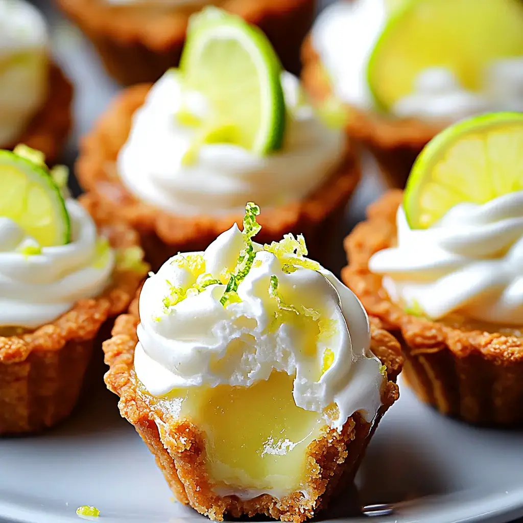 A close-up of mini lime tarts topped with whipped cream and garnished with lime slices and zest.