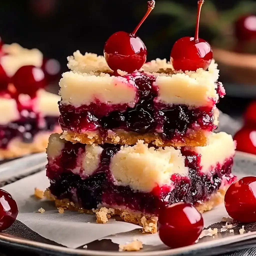 A close-up of layered dessert bars featuring a berry filling, topped with a crumbly layer and garnished with two cherries.