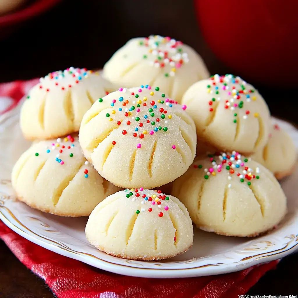 A plate of delicately shaped, frosted cookies with colorful sprinkles on top.