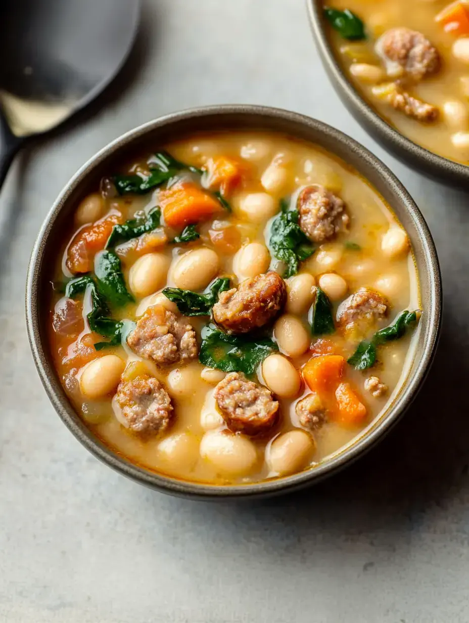 A bowl of white bean soup with pieces of sausage, spinach, and diced carrots.