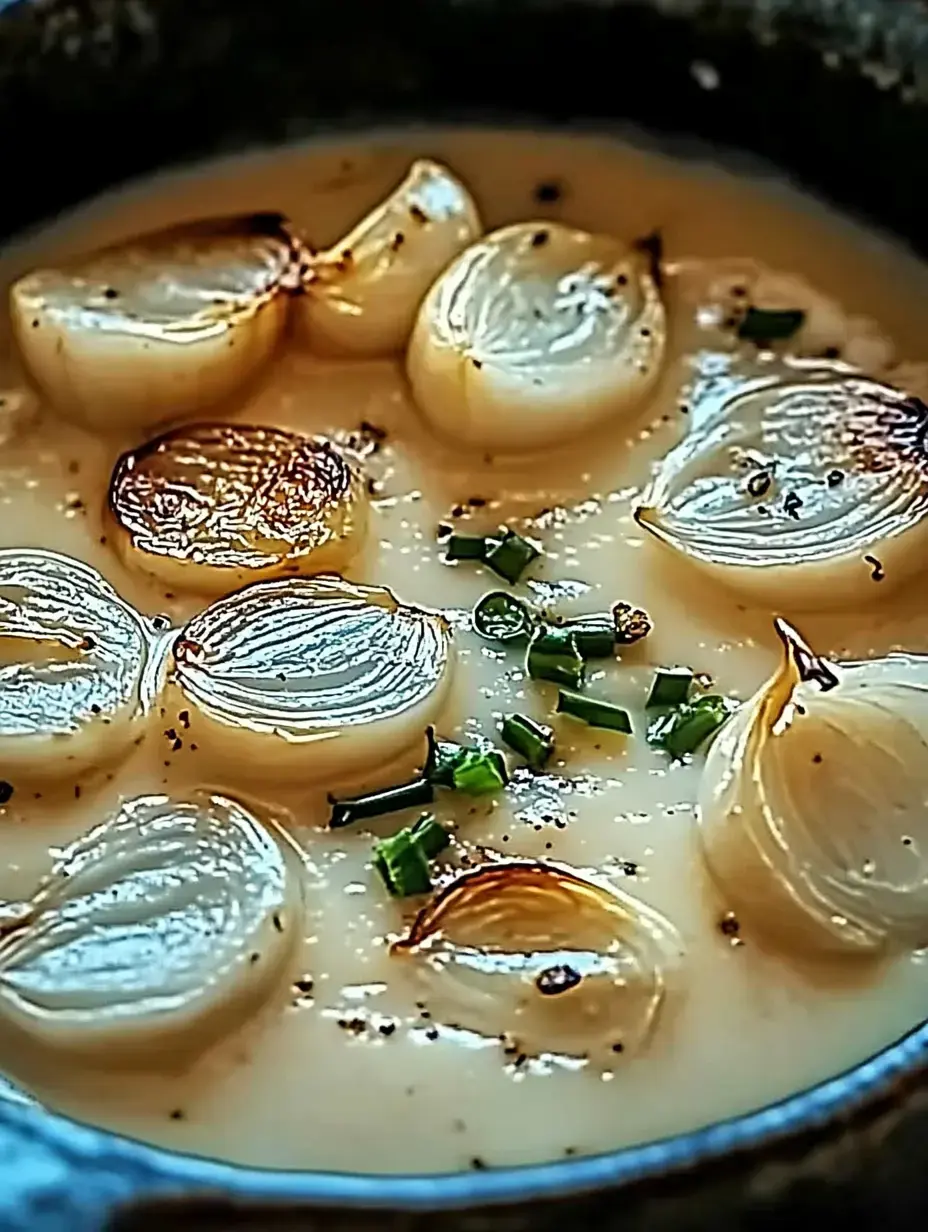 A bowl of creamy soup topped with lightly browned onion slices and garnished with chopped green herbs.