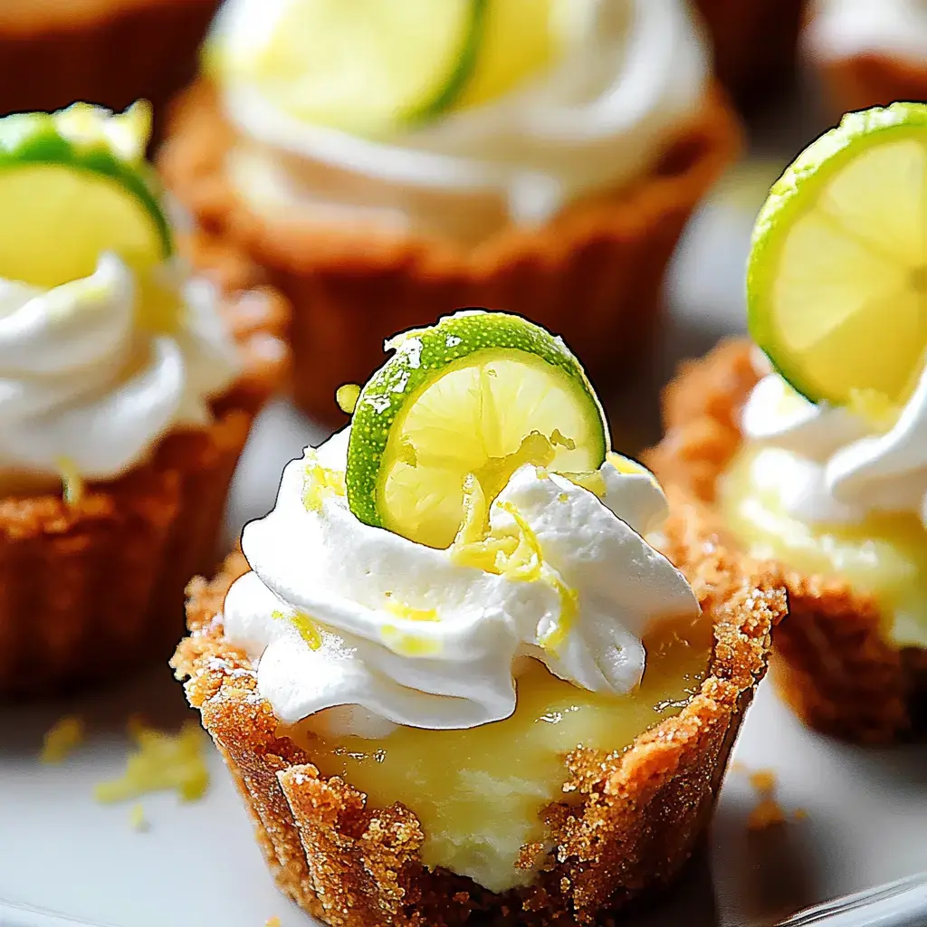 A close-up of mini lime tartlets topped with whipped cream and garnished with lime slices and zest.