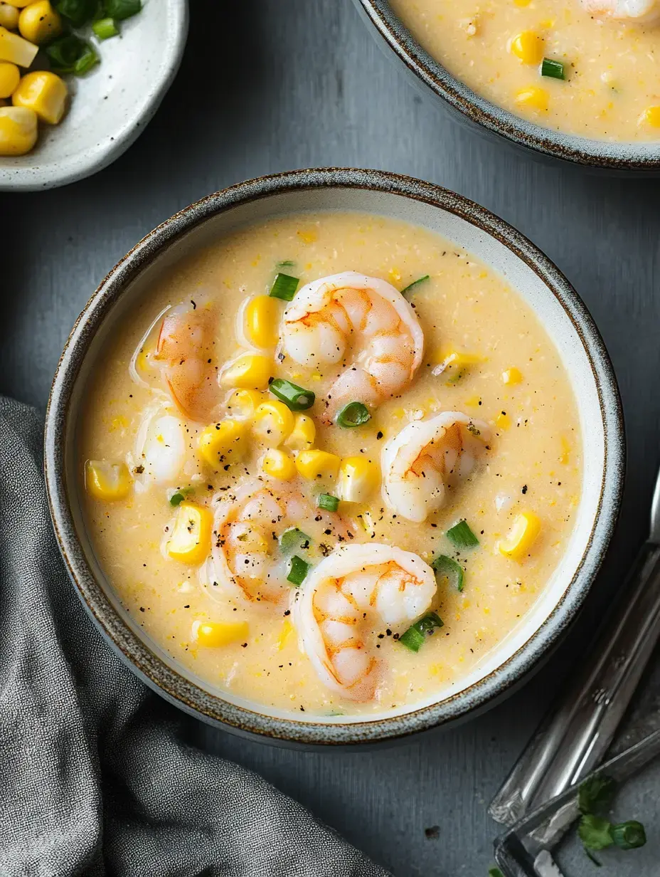 A close-up of a bowl of creamy shrimp and corn soup garnished with chopped green onions, with a side dish of corn in the background.