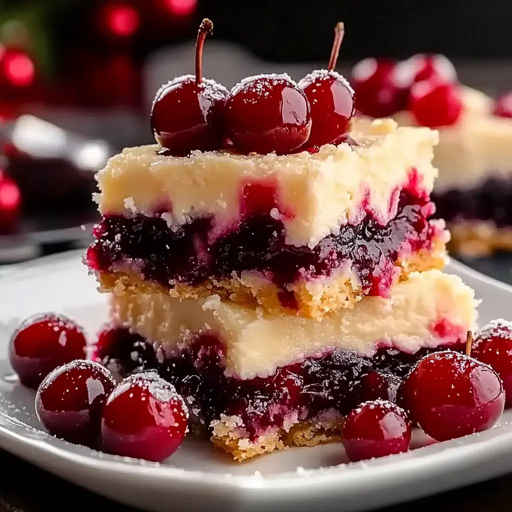 A close-up of cherry dessert bars topped with shiny cherries and sprinkled with powdered sugar, served on a white plate.