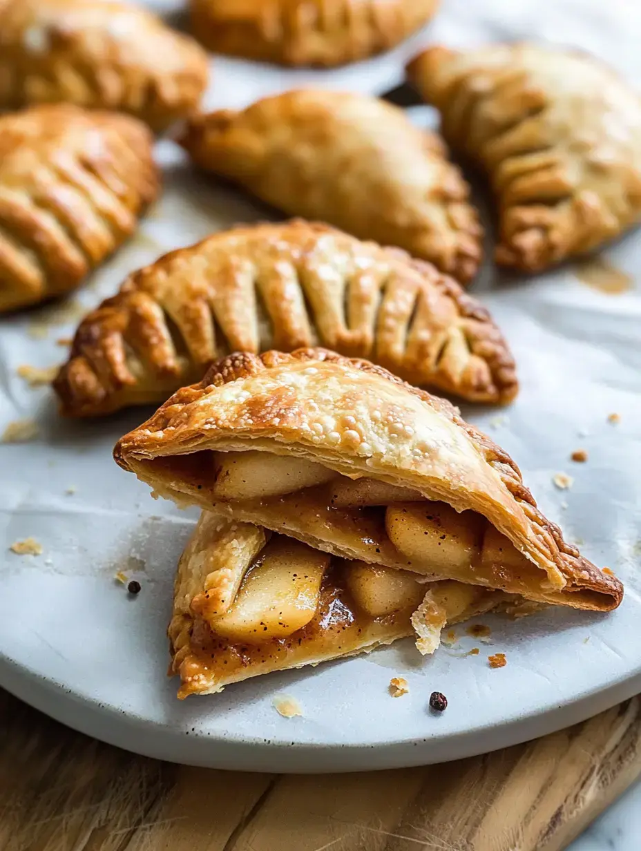 A plate of golden-brown apple pastries, with one cut open to reveal sweet apple filling.