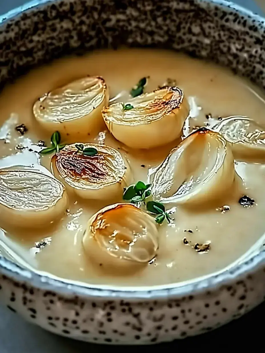 A bowl of creamy soup topped with sliced, browned onions and garnished with small green herbs.