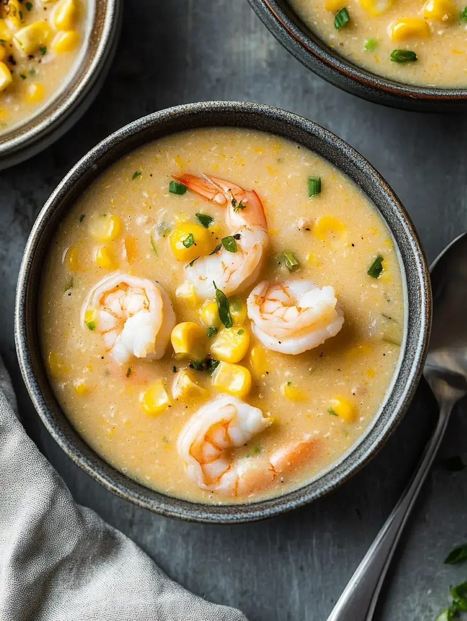 A close-up of a bowl of creamy shrimp and corn soup garnished with herbs, with a spoon and a textured fabric in the foreground.