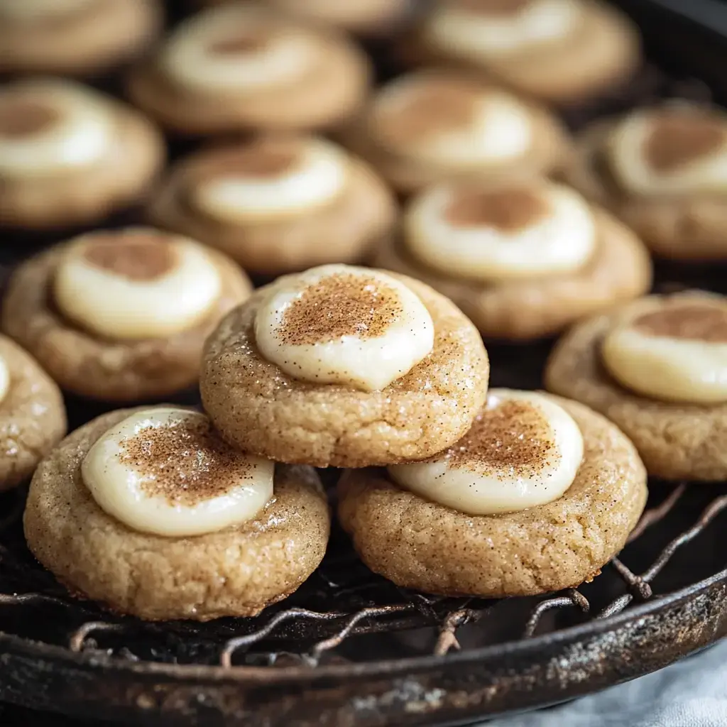 A close-up of freshly baked cookies with a creamy frosting and a sprinkle of cinnamon on top, arranged on a wire cooling rack.