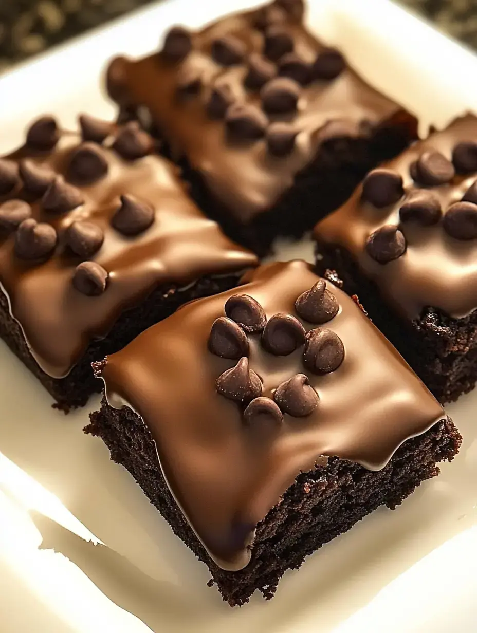 Four chocolate brownies on a white plate, topped with shiny chocolate icing and chocolate chips.