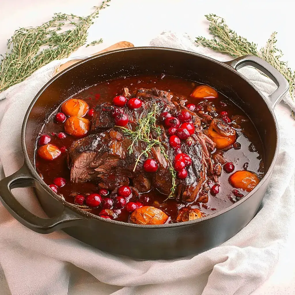 A savory pot roast with cranberries and roasted tomatoes, garnished with fresh thyme, sits in a dark casserole dish on a light cloth.