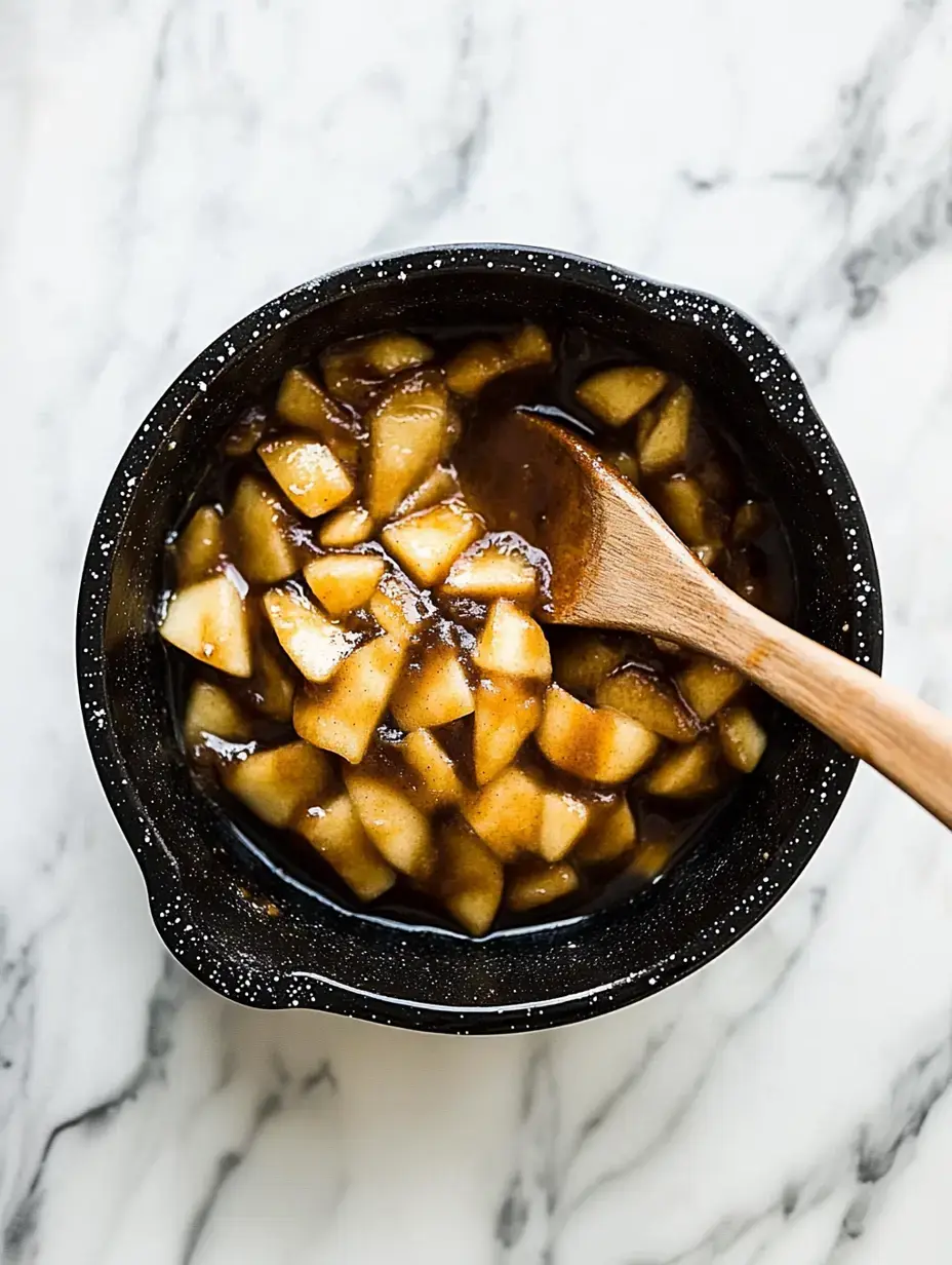 A bowl of chopped apples coated in a caramel sauce, with a wooden spoon resting inside.